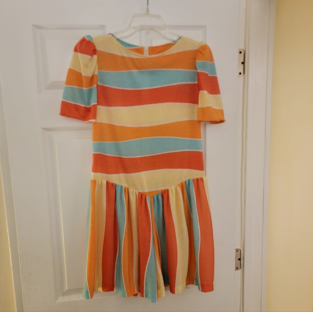 VTG 80s Romper Culottes Dress Neon Stripes M